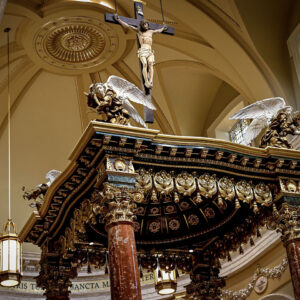 altar-church-ceiling-interior-decoration-latin-shrine-our-lady-guadalupe-church-la-crosse-wisconsin-2-gallery Statue of Jesus on the cross in the church of Our Lady of Guadalupe Shrine in La Crosse, Wisconsin.
