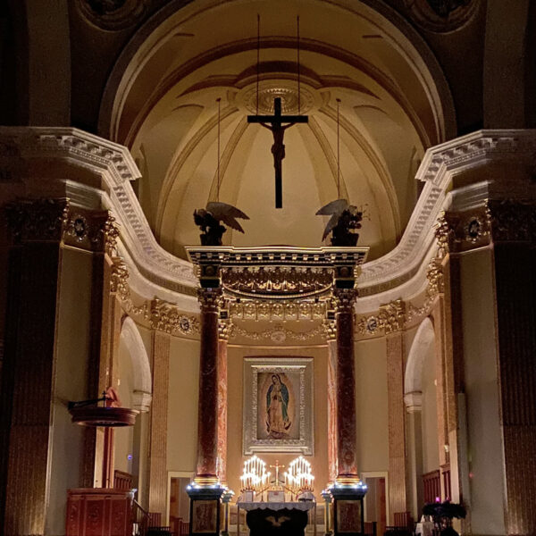 church-night-interior-shrine-our-lady-guadalupe-church-la-crosse-wisconsin-gallery Altar in the church of Our Lady of Guadalupe Shrine in La Crosse, Wisconsin.