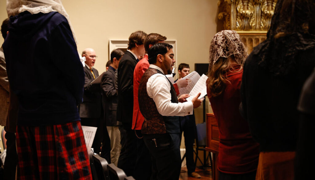 Chorus members sing a Gregorian Chant at Our Lady of Guadalupe Shrine in La Crosse, Wisconsin.