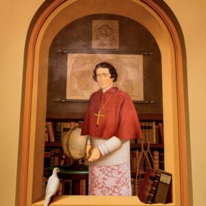 painting-artwork-church-interior-decoration-shrine-our-lady-guadalupe-church-la-crosse-wisconsin-gallery Painting of a man wearing a cross with a dove bird in front of a map of Wisconsin at Our Lady of Guadalupe Shrine in La Crosse, Wisconsin.