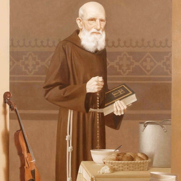 painting-artwork-shrine-our-lady-guadalupe-church-la-crosse-wisconsin-gallery Painting of a priest holding a bible standing next to a cello and above a bowl of soup on the table at Our Lady of Guadalupe Shrine in La Crosse, Wisconsin.