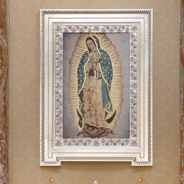 virgin-saint-mary-tilma-painting-shrine-our-lady-guadalupe-church-la-crosse-wisconsin-gallery Framed image of Mother Mary praying at Our Lady of Guadalupe Shrine in La Crosse, Wisconsin.