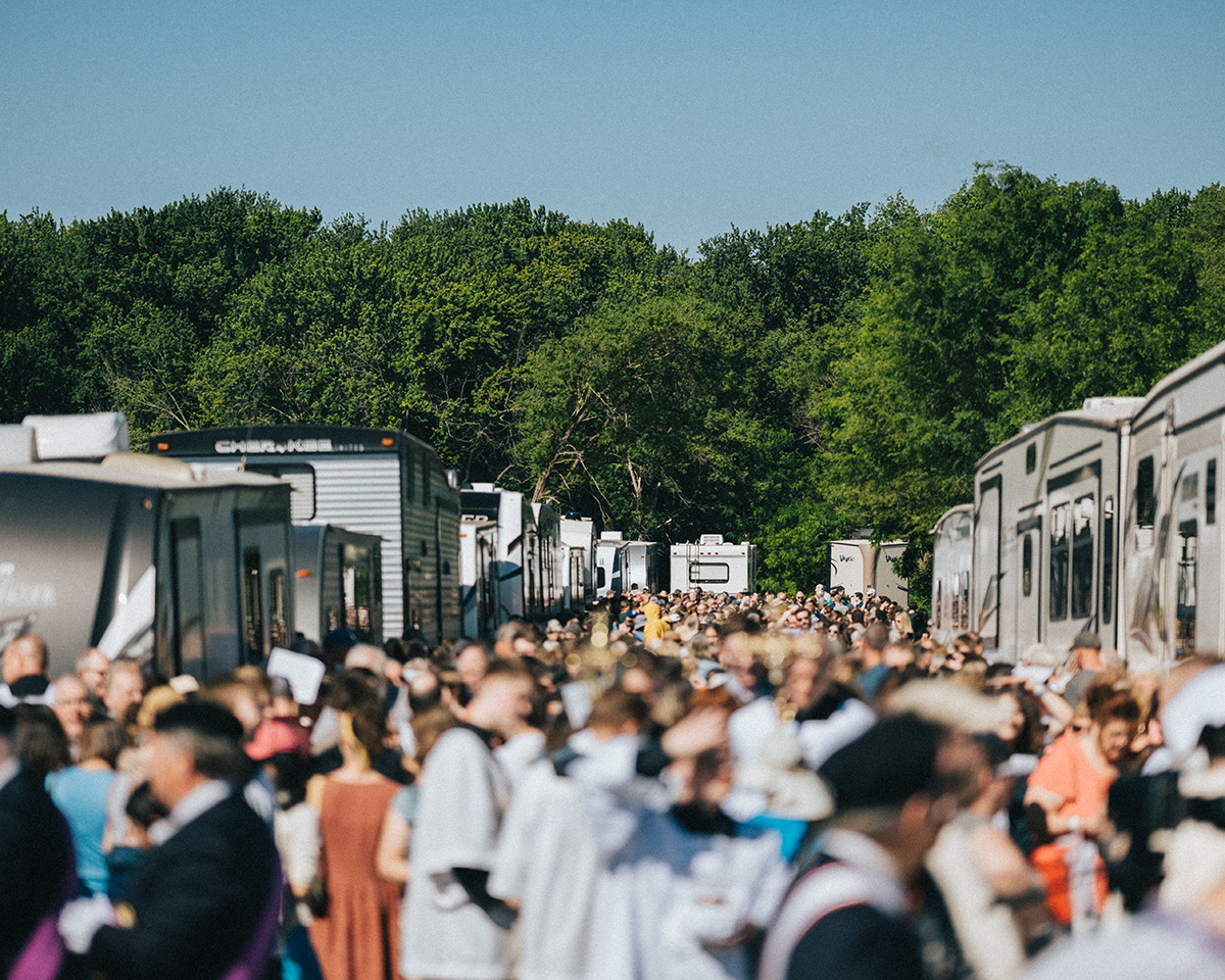 Catholic Crowd gathered for the National Eucharistic Procession near La Crosse Wisconsin Image of Eucharistic Procession In La Crosse, Wisconsin