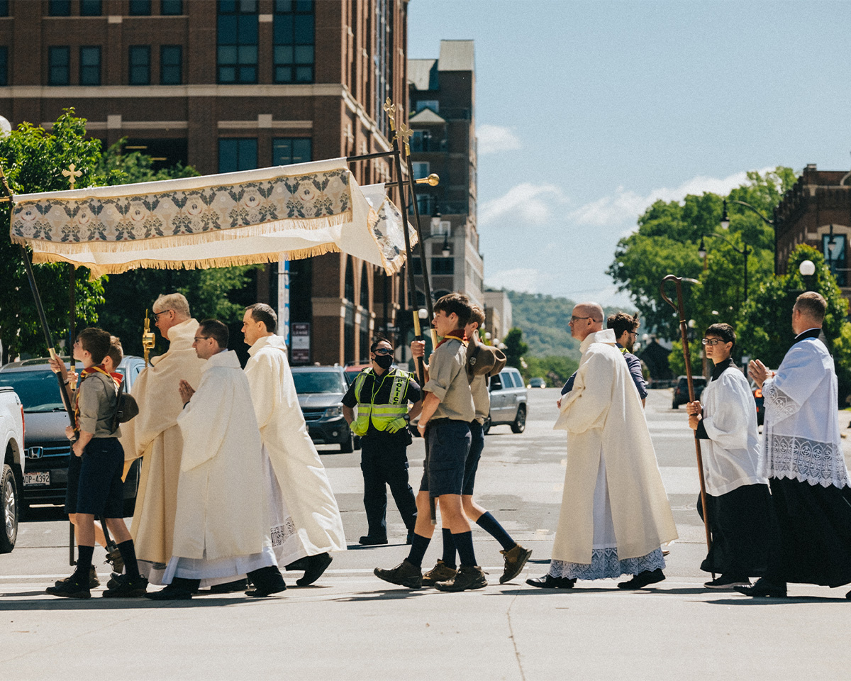 National Eucharistic Pilgrimage Processing through Downtown La Crosse, Wisconsin Image of Eucharistic Procession In La Crosse, Wisconsin