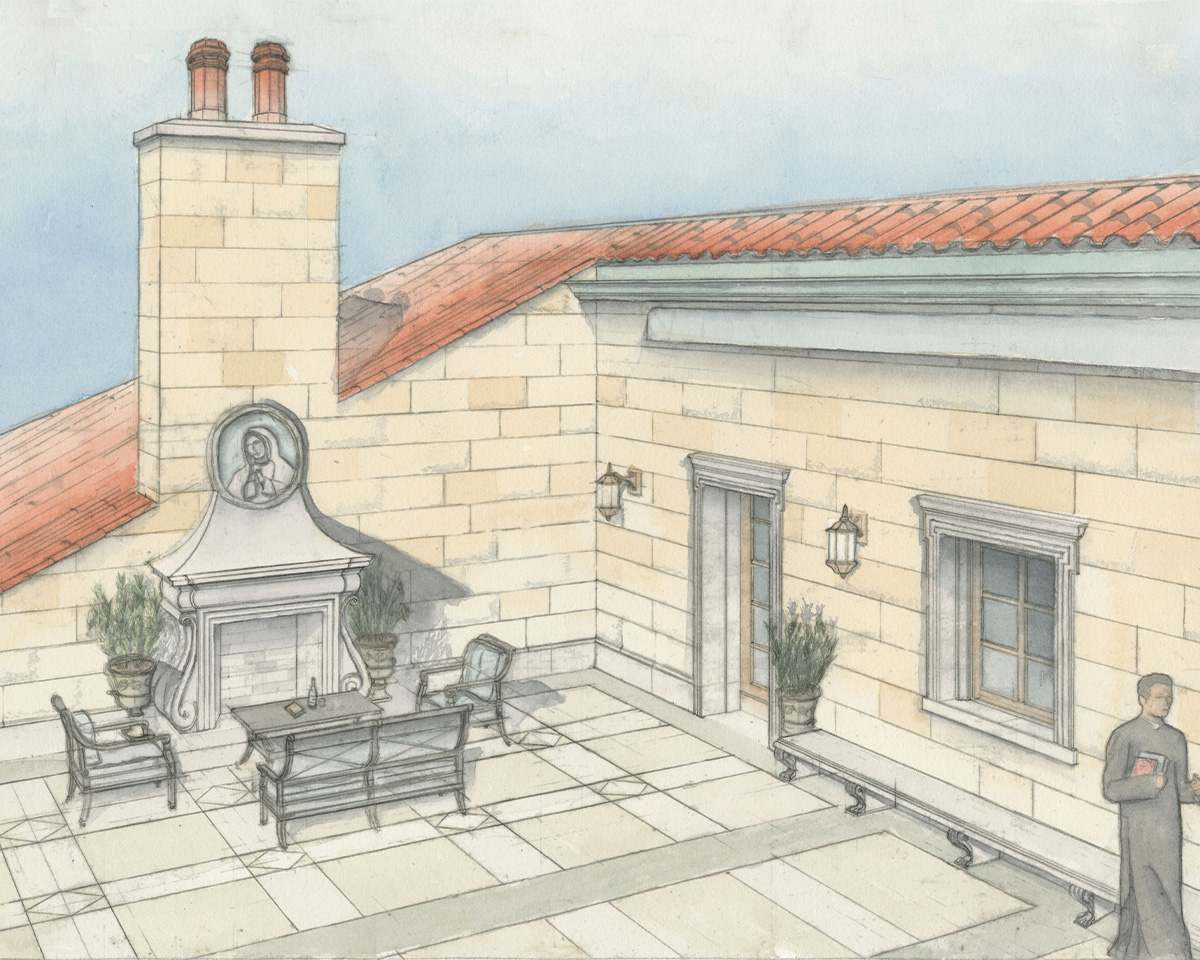Pilgrim House Plans watercolor - Balcony Perspective Pilgrim House Plans watercolor - Balcony Perspective