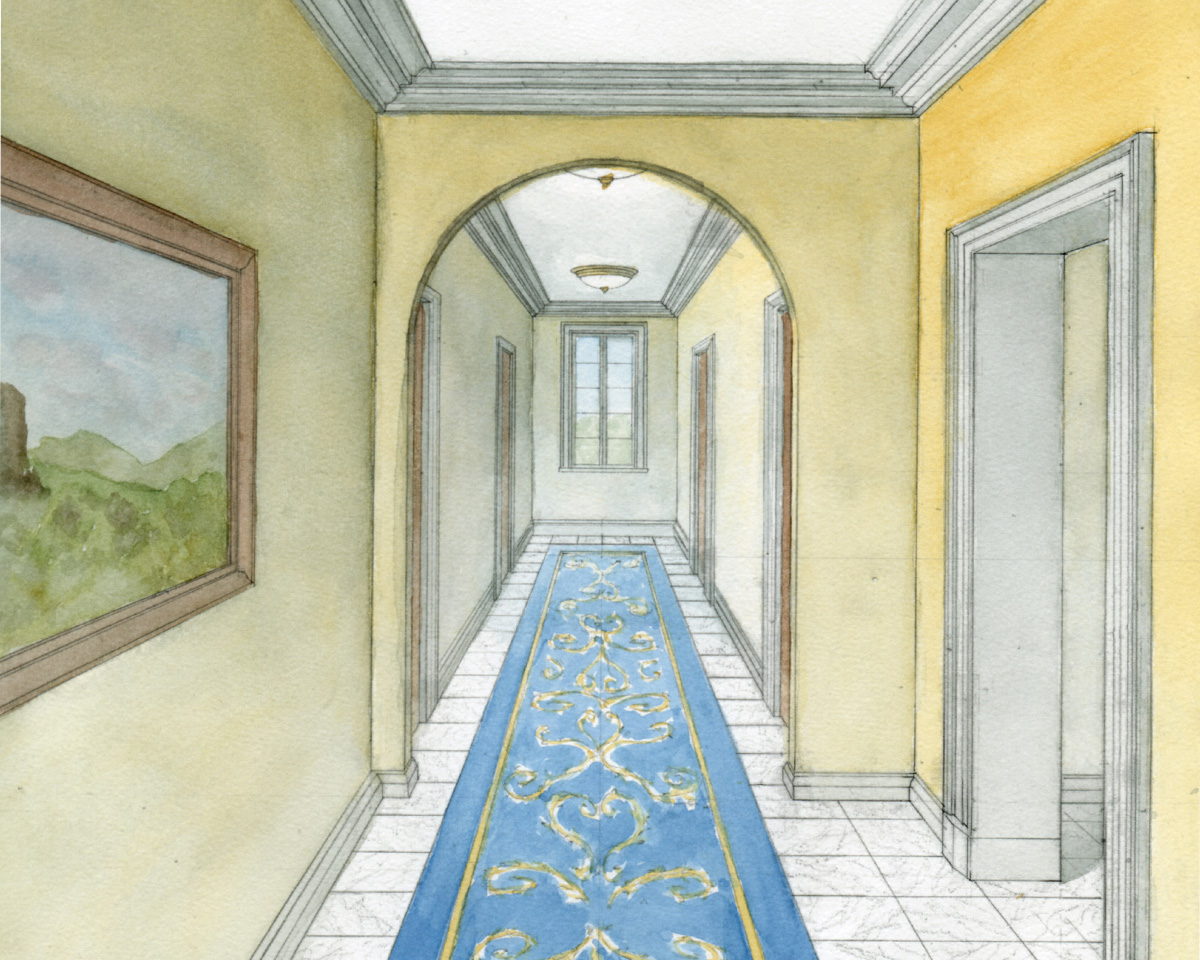 Pilgrim House Plans watercolor - Corridor Perspective Pilgrim House Plans watercolor - Corridor Perspective