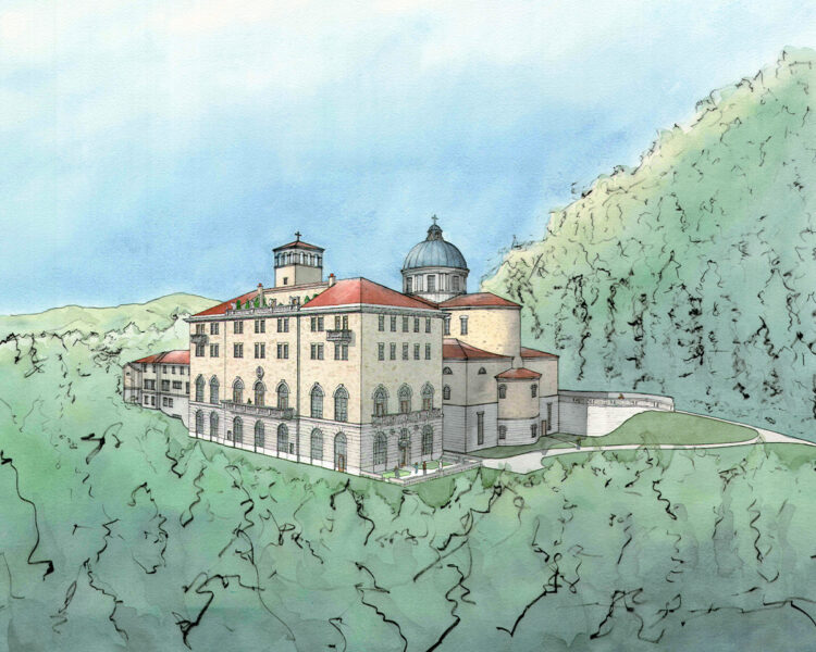 Pilgrim House Plans watercolor - Exterior perspective Pilgrim House Plans watercolor - Exterior perspective