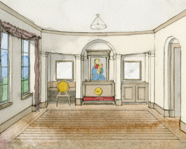 Pilgrim House Plans watercolor - Guest room interior Pilgrim House Plans watercolor - Guest room interior