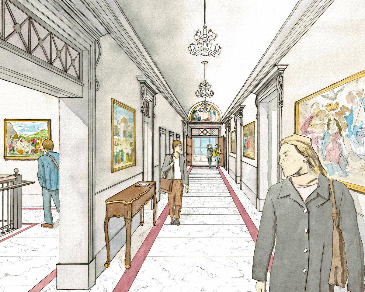 Pilgrim House Plans watercolor - Hall Perspective Pilgrim House Plans watercolor - Hall Perspective