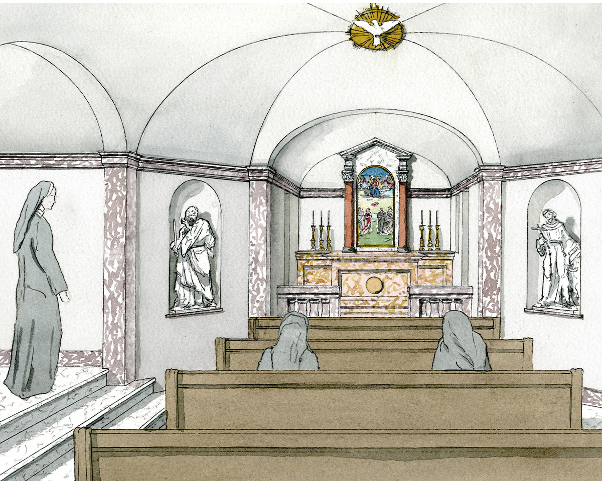 Pilgrim House Plans watercolor - Oratory in Convent Pilgrim House Plans watercolor - Oratory in Convent