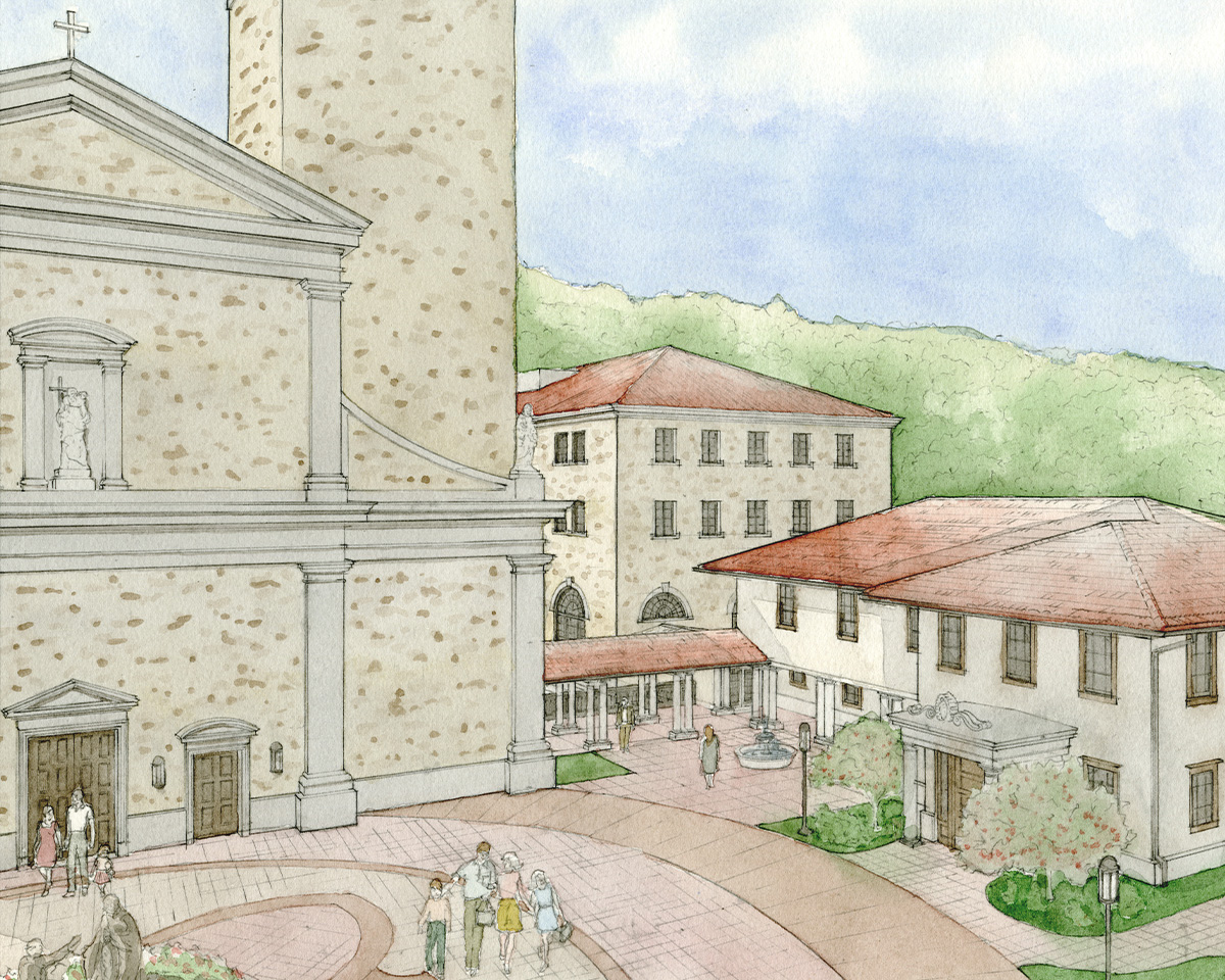Pilgrim House Plans watercolor - Piazza Perspective Pilgrim House Plans watercolor - Piazza Perspective
