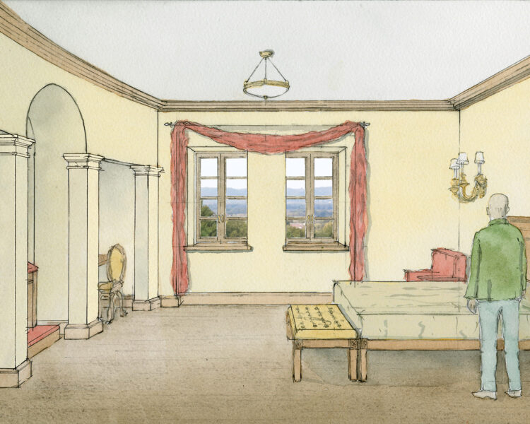 Pilgrim House watercolor-Guest room view Pilgrim House watercolor-Guest room view