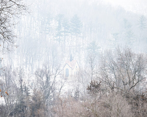 Snow covered bluffs and Shrine Chapel La Crosse Wisconisn Snow covered bluffs and Shrine Chapel La Crosse Wisconisn