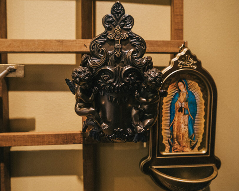 Holy water fonts at the Flores Mariae Gift Shop Our Lady and bronze angels Holy water fonts at the Flores Mariae Gift Shop Our Lady and bronze angels