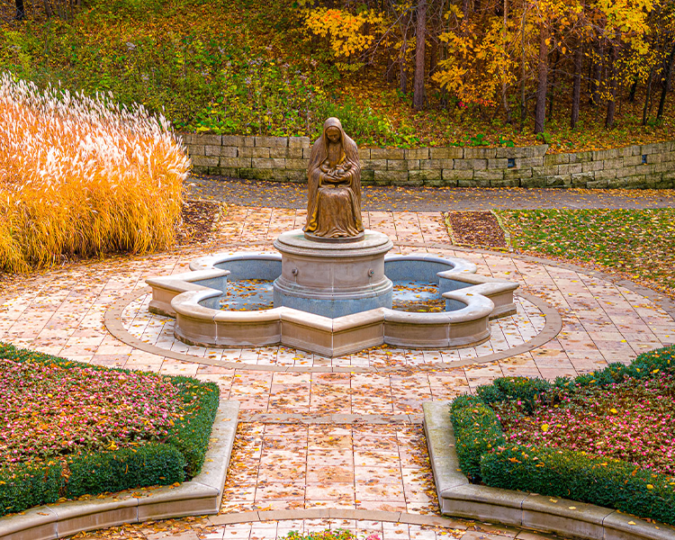 Memorial to the Unborn in the fall time La Crosse Wisconsin Guadalupe Shrine foggy morning in the Memorial to the Unborn