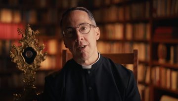 Deacon Chris Kabat discusses the veneration of relics in a video at the Shrine of Our Lady of Guadalupe in La Crosse, Wisconsin, on September 3, 2024.