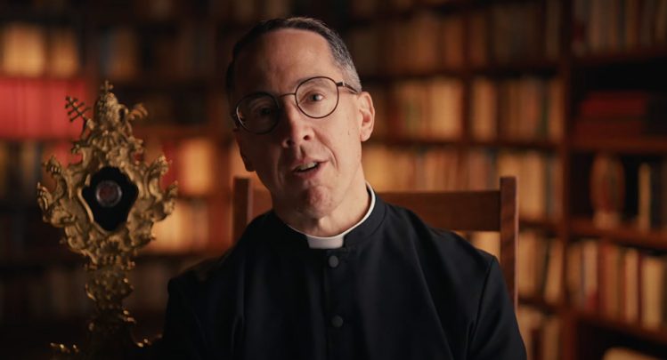 Deacon Chris Kabat discusses the veneration of relics in a video at the Shrine of Our Lady of Guadalupe in La Crosse, Wisconsin, on September 3, 2024.