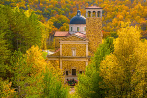 Three Shrine of Wisconsin from afar in the Fall season Three Shrine of Wisconsin from afar in the Fall season