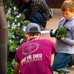 Young volunteers planting flowers for the Shrine grounds in la crosse, wisconsin Young volunteers planting flowers for the Shrine grounds in la crosse, wisconsin